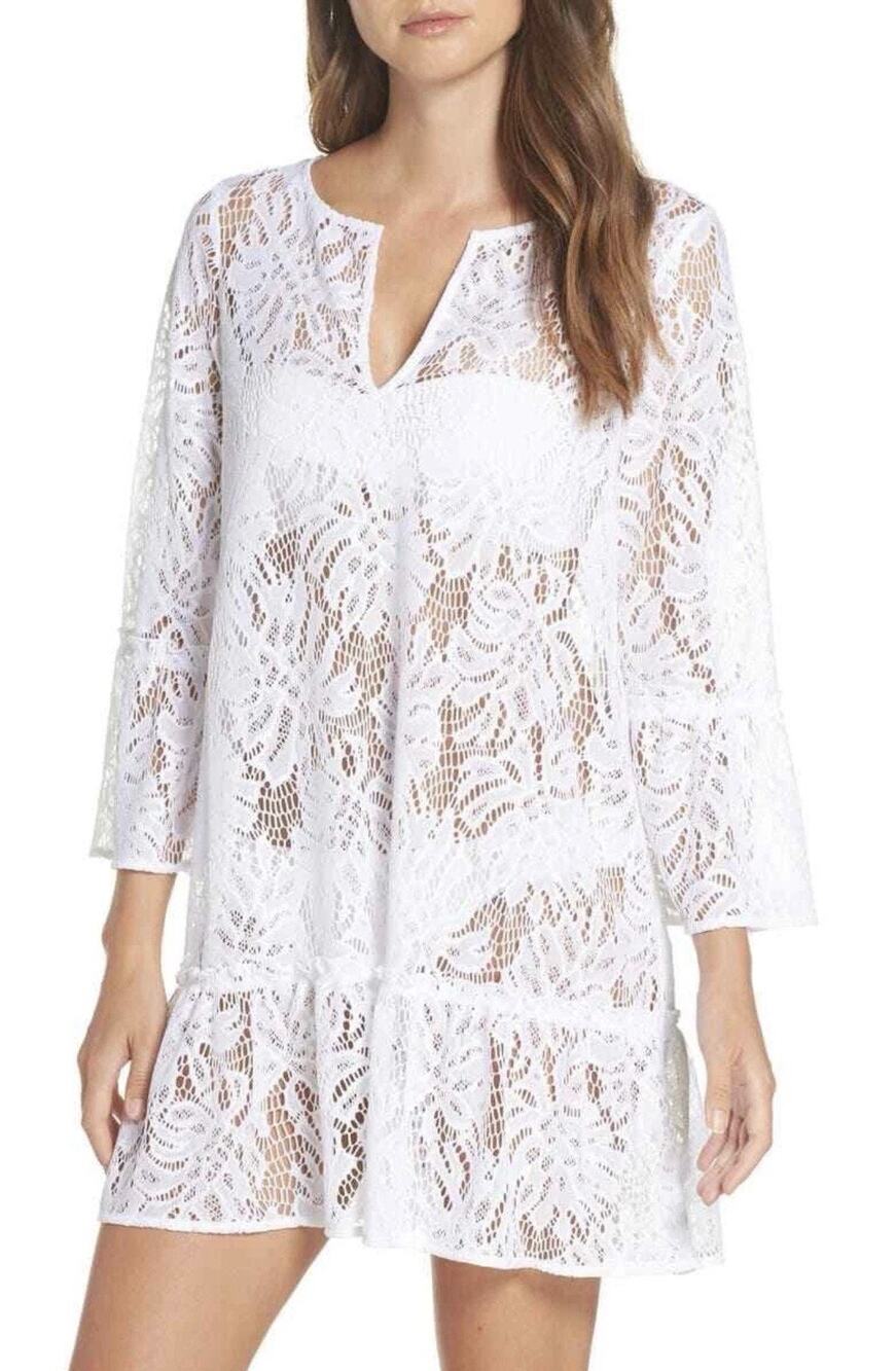 Lilly Pulitzer Payton Lace Swim Cover-Up DressM  Semi-Sheer White Bell Sleeve